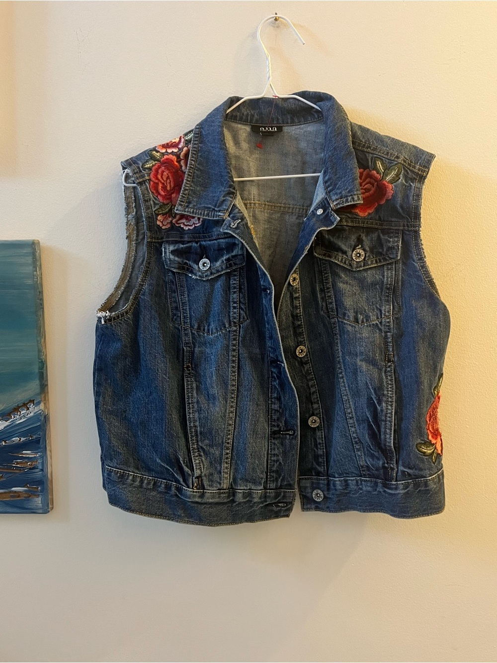 A.N.A Denim Vest XL Floral Embroidered Jean Jacket Boho Western Festival - Picture 2 of 4